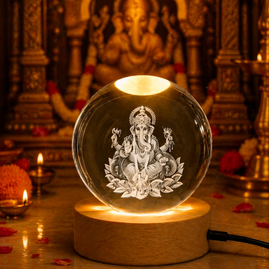 ✨ 3D Ganesh Ji Engraved Crystal Ball Night Lamp with LED Wooden Base
