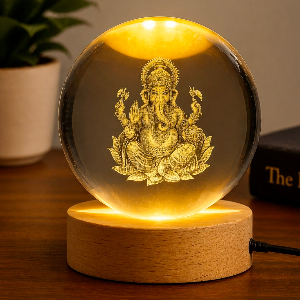 ✨ 3D Ganesh Ji Engraved Crystal Ball Night Lamp with LED Wooden Base