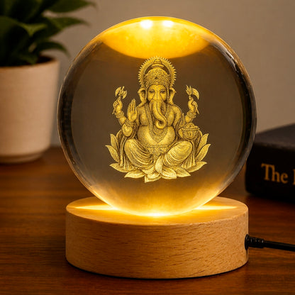 ✨ 3D Ganesh Ji Engraved Crystal Ball Night Lamp with LED Wooden Base