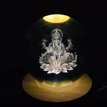 ✨ 3D Ganesh Ji Engraved Crystal Ball Night Lamp with LED Wooden Base