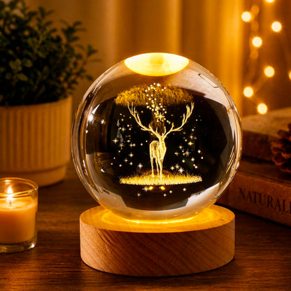 🦌 3D Magical Deer Galaxy Crystal Ball Night Lamp with LED Wooden Base