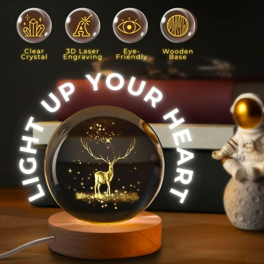 🦌 3D Magical Deer Galaxy Crystal Ball Night Lamp with LED Wooden Base