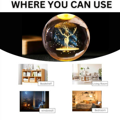 🦌 3D Magical Deer Galaxy Crystal Ball Night Lamp with LED Wooden Base