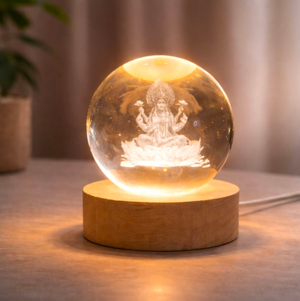🌸 3D Maa Lakshmi Engraved Crystal Ball Night Lamp with LED Wooden Base