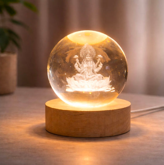 🌸 3D Maa Lakshmi Engraved Crystal Ball Night Lamp with LED Wooden Base