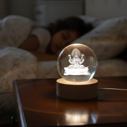 🌸 3D Maa Lakshmi Engraved Crystal Ball Night Lamp with LED Wooden Base