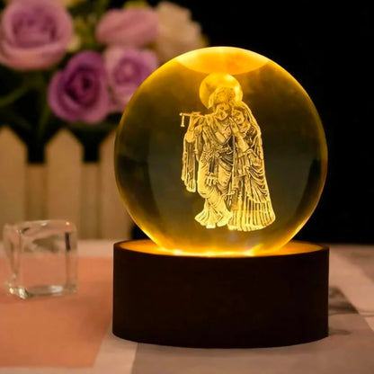 🪈 3D Radha Krishna Engraved Crystal Ball Night Lamp with LED Wooden Base