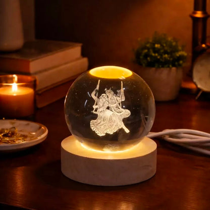 🪈 3D Radha Krishna Jhula Engraved Crystal Ball Night Lamp with LED Wooden Base