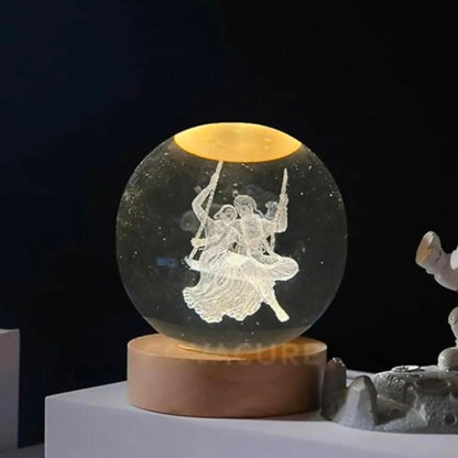 🪈 3D Radha Krishna Jhula Engraved Crystal Ball Night Lamp with LED Wooden Base