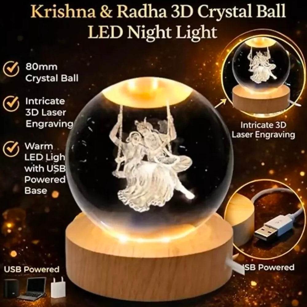 🪈 3D Radha Krishna Jhula Engraved Crystal Ball Night Lamp with LED Wooden Base