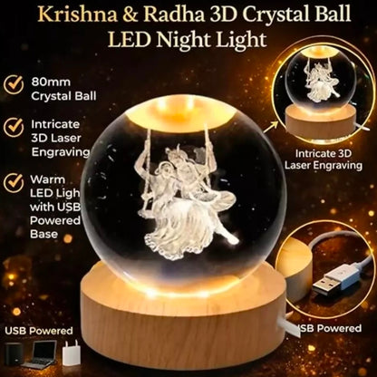 🪈 3D Radha Krishna Jhula Engraved Crystal Ball Night Lamp with LED Wooden Base